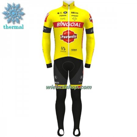 Fietskleding (Fietsshirt Lange Mouw + Lange Koersbroek) 2022 Bingoal Pauwels Sauces WB Winter Thermal Fleece - Rood Neongeel